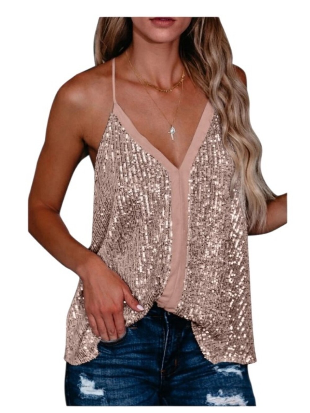 Sequin Rose Gold Racer Back Tank Top XL